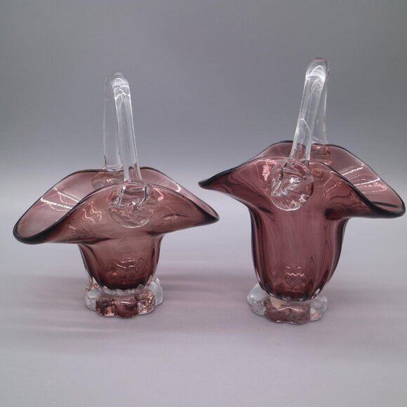 Pair of (2) Amethyst Purple Glass Baskets | Art Glass | Mid Century Decor MCM - Picture 7 of 9
